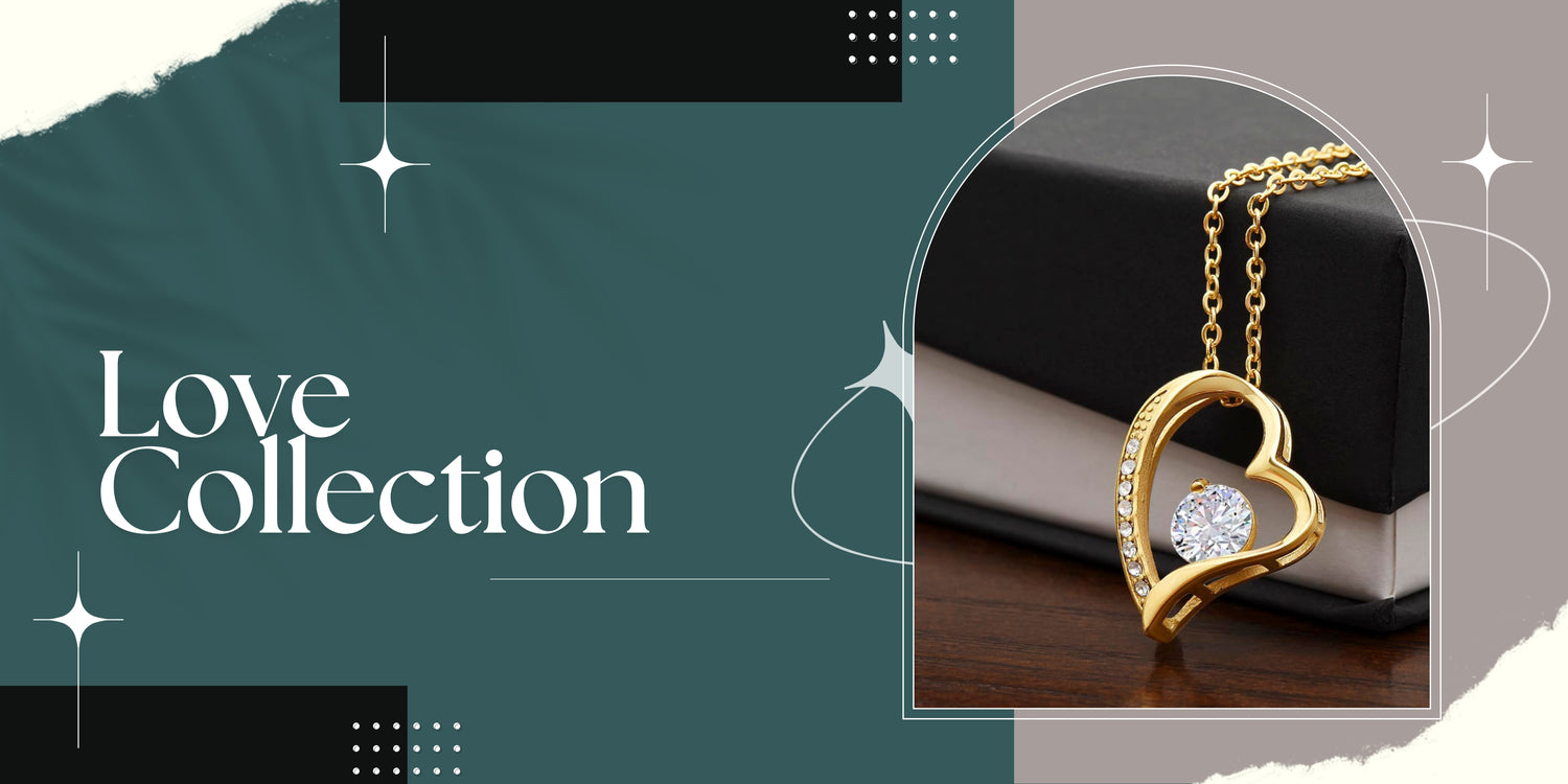 Gold heart-shaped pendant with a diamond on a chain, displayed on a black jewelry box. Text on the left reads "Love Collection.