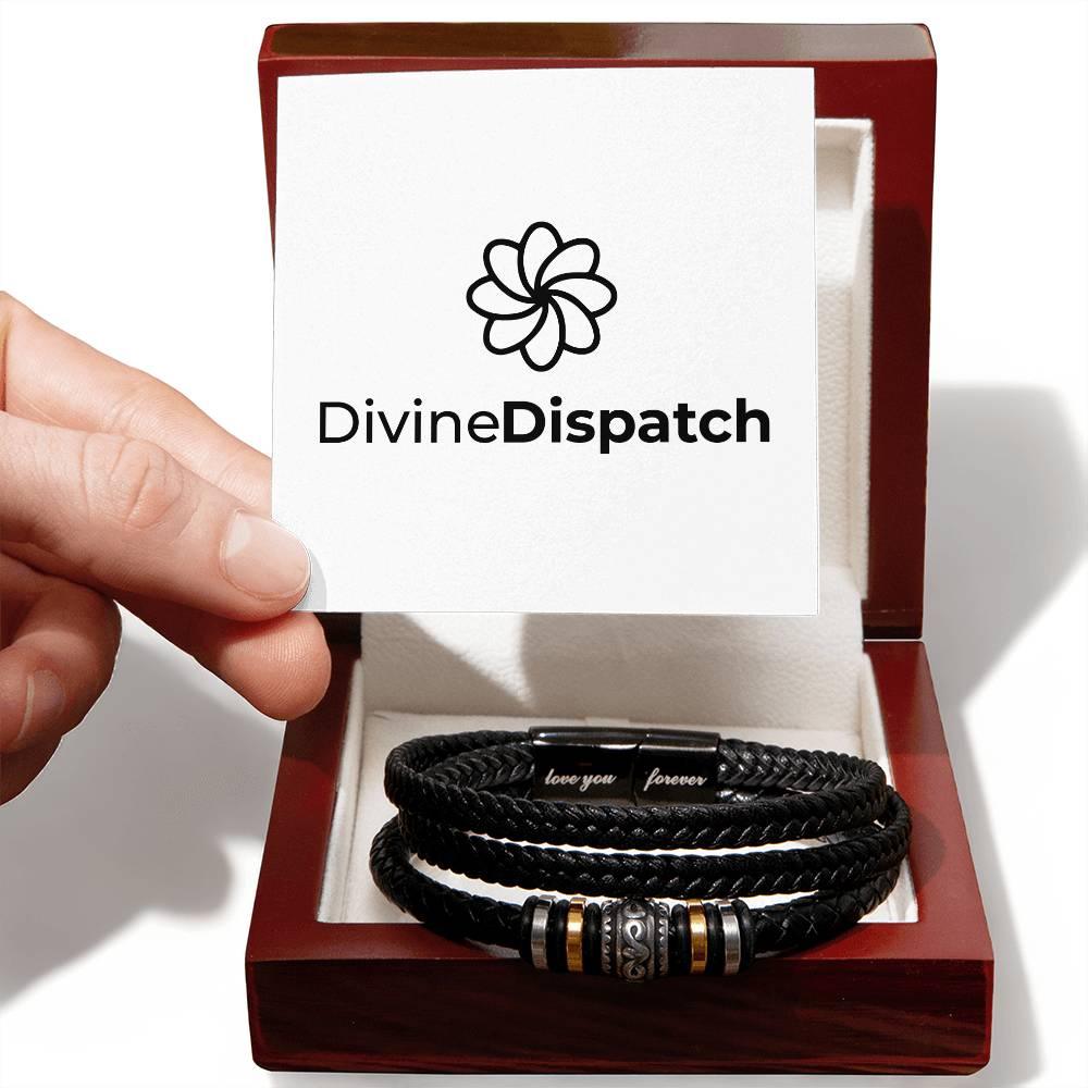 A hand holds a card with a floral design and "Divine Dispatch" over an open box containing two "Love You Forever Bracelets," featuring black braids with metallic accents, expertly crafted in vegan leather.
