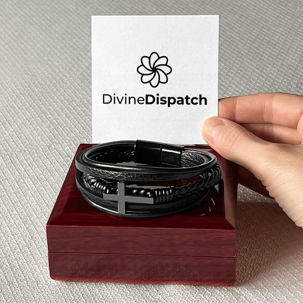 A hand holds a card with the "Divine Dispatch" logo. Below, the Men&