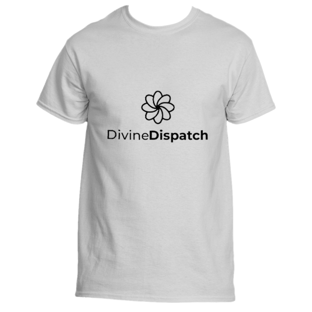 The Divine Tee by Divine Dispatch is a white T-shirt showcasing a floral emblem above "Divine Dispatch" in black and gray, offering faith-filled fashion with a spiritually symbolic design on the upper chest that beautifully merges style with meaning.