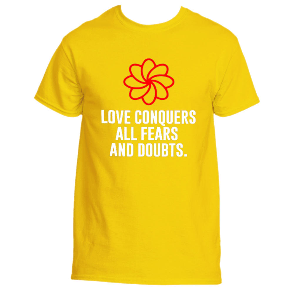 The Love Eternal T-Shirt by Divine Dispatch is a yellow shirt adorned with a red and orange flower graphic and white text stating, "Love Eternal conquers all fears and doubts," perfectly capturing a timeless essence.