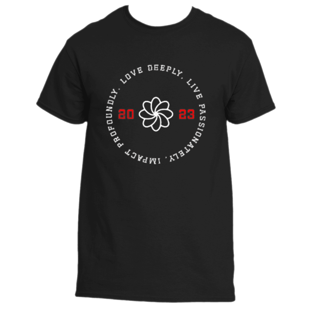 Discover the Divine Dispatch Love Deeply T-Shirt—a black, premium fabric tee featuring a central white flower logo. Encircled by the inspiring quote "Love Deeply, Live Passionately, Impact Profoundly" and highlighted with "20 23" in red, this statement piece is designed to leave a lasting impression.