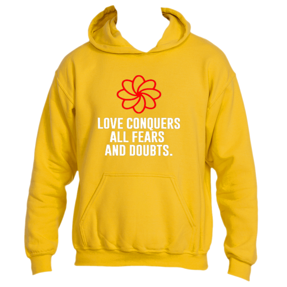 The Love Eternal Hoodie by Divine Dispatch highlights a gold base adorned with a vivid red flower pattern and the touching white text: "LOVE CONQUERS ALL FEARS AND DOUBTS," encapsulating its timeless essence.