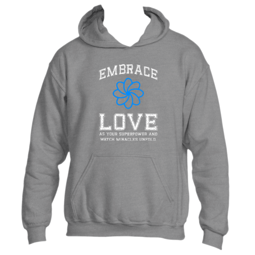 Introducing the Embrace Love Hoodie by Divine Dispatch, a premium gray hoodie featuring a delicate blue flower design. Crafted from high-quality fabric, it bears the inspiring message: "Embrace Love as your superpower and watch miracles unfold." This stylish piece blends comfort with motivation effortlessly.