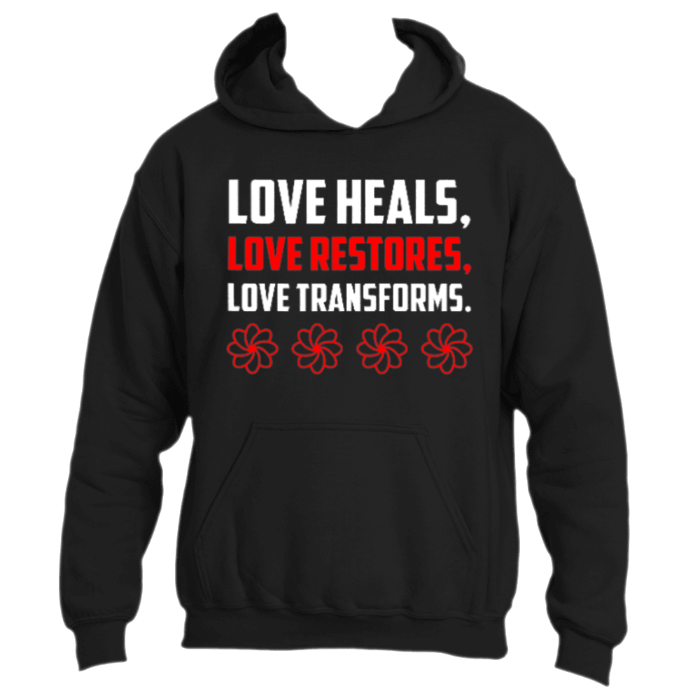 Introducing the Love Heals Hoodie by Divine Dispatch – a striking black hoodie adorned with the powerful message "LOVE HEALS, LOVE RESTORES, LOVE TRANSFORMS" in bold white and red lettering. This design celebrates the transformative power of love and is beautifully accented by four red flower symbols beneath its compelling message. Wear this expressive love clothing that truly speaks volumes.