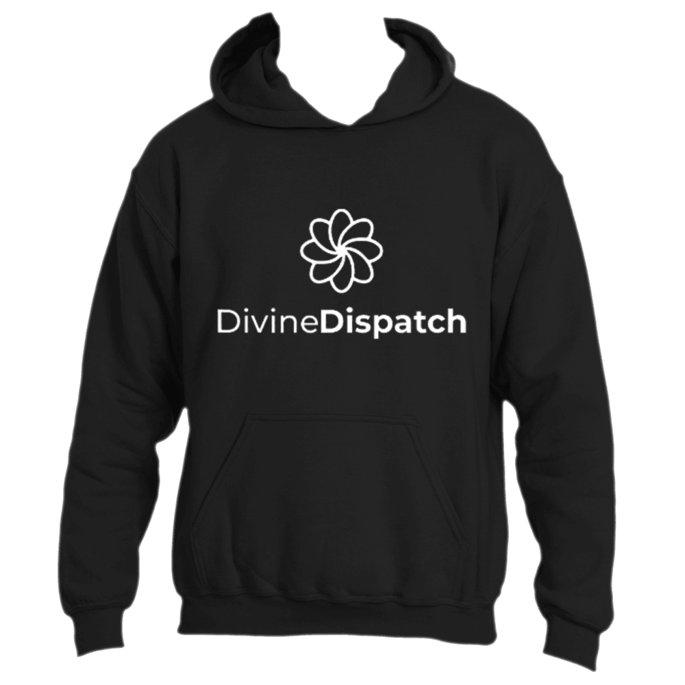 The Divine Hoodie by Divine Dispatch showcases a black design with a white floral logo representing spiritual symbolism, elegantly positioned above the "DivineDispatch" text on the front.
