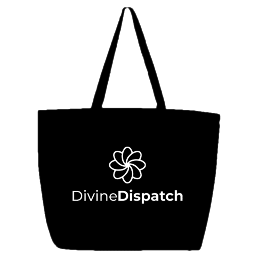A black Divine Tote by Divine Dispatch with two handles is displayed. The front features a white flower-like logo above the text "Divine Dispatch," where "Divine" is in a standard font and "Dispatch" is bold. Fashionably designed and crafted from durable materials, it stands out against the plain background.