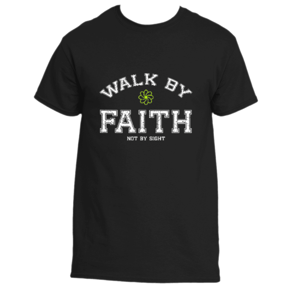 The Walk By Faith Tee by Divine Dispatch showcases a black background adorned with the uplifting message "WALK BY FAITH, NOT BY SIGHT" and is complemented by a small green four-leaf clover positioned above the word "FAITH." It&