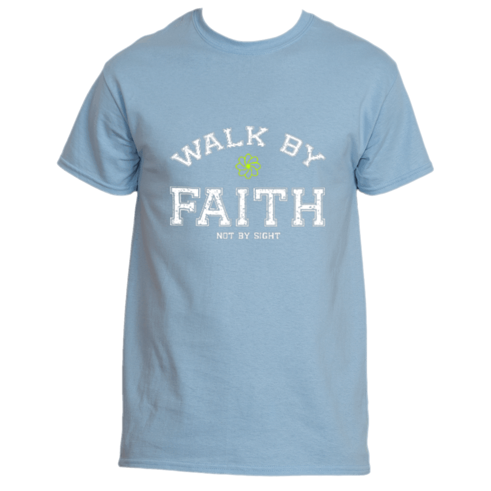 Light blue Walk By Faith Tee by Divine Dispatch, showcasing the uplifting message "WALK BY FAITH, NOT BY SIGHT" in white. Ideal as an inspiring gift for those who cherish walking with purpose and conviction.
