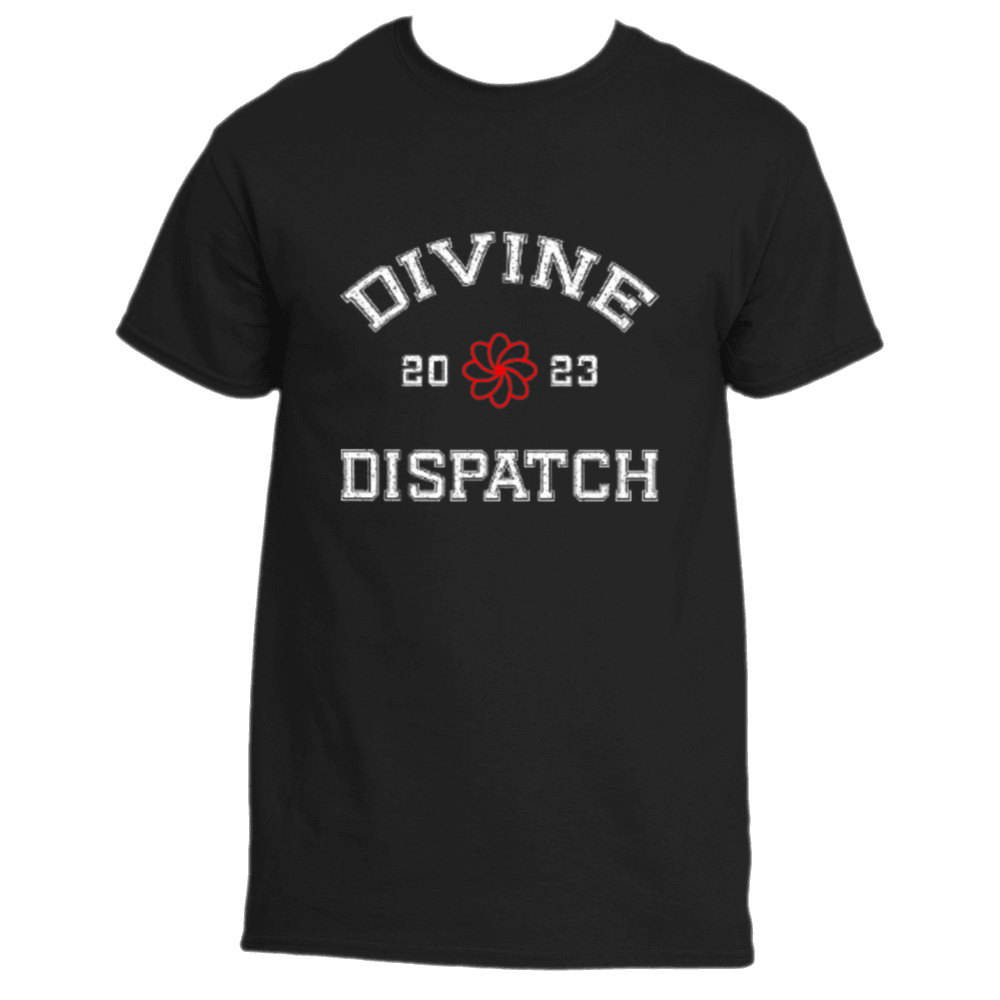 The Divine Dispatch Tee by Divine Dispatch showcases bold white lettering that spells "DIVINE DISPATCH," complemented by a red flower graphic in the center, with "2023" on each side. This black t-shirt effortlessly merges spirituality and fashion for an iconic appearance.