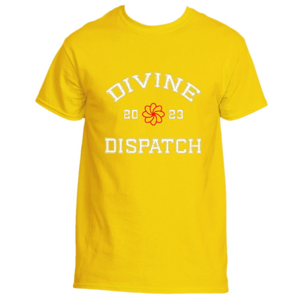 Elevate your fashion with the Divine Dispatch Tee, featuring a striking yellow hue and "DIVINE DISPATCH" prominently displayed in white. Central to the design is a stylized flower graphic, flanked by the numbers “20” and “23,” embodying the spiritual essence of 2023.