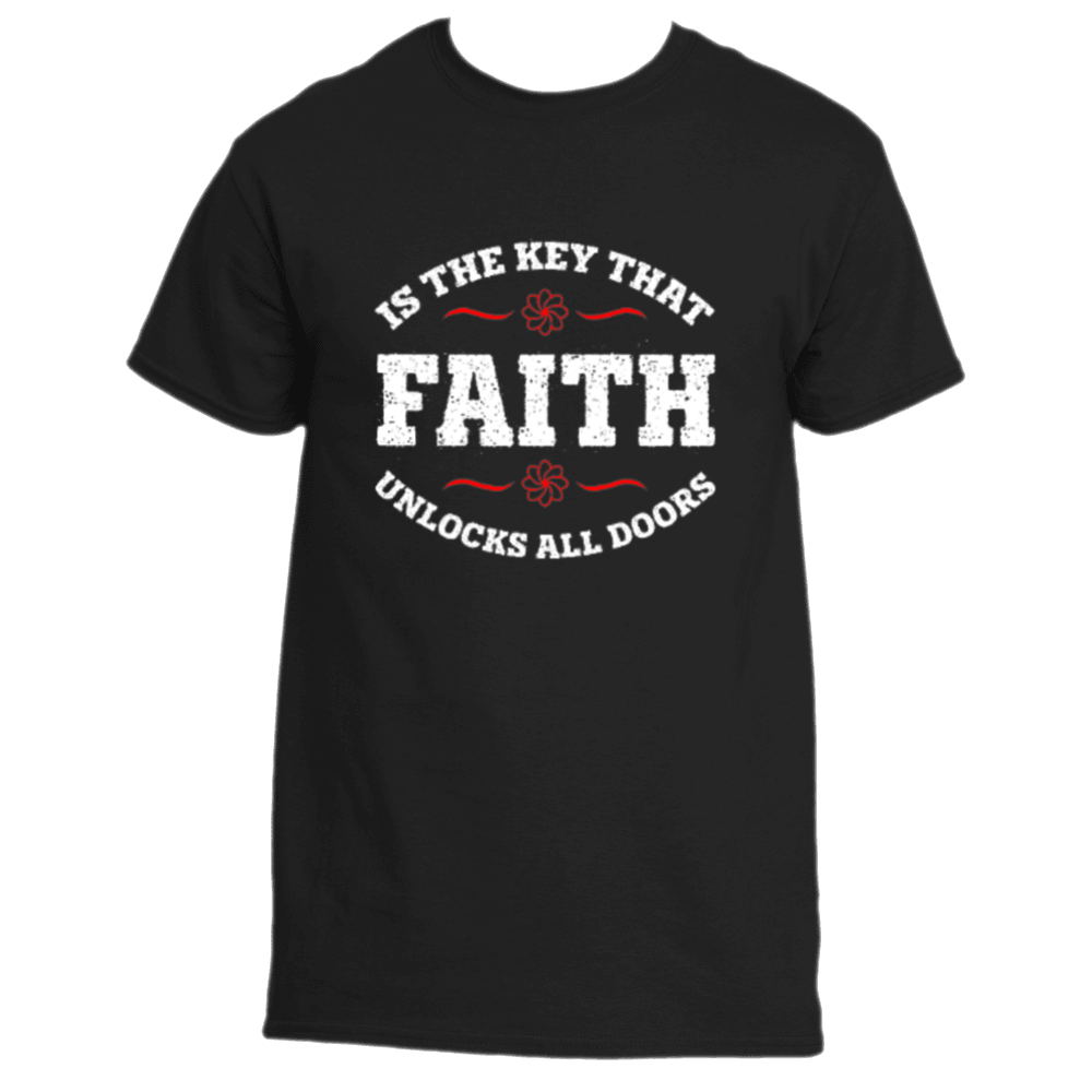 Introducing the "Faith is the Key Tee" by Divine Dispatch—a powerful black T-shirt emblazoned with the inspiring phrase, "Faith is the key that unlocks all doors," in striking white and red. The word "Faith" takes center stage, highlighted by elegant red flourishes.