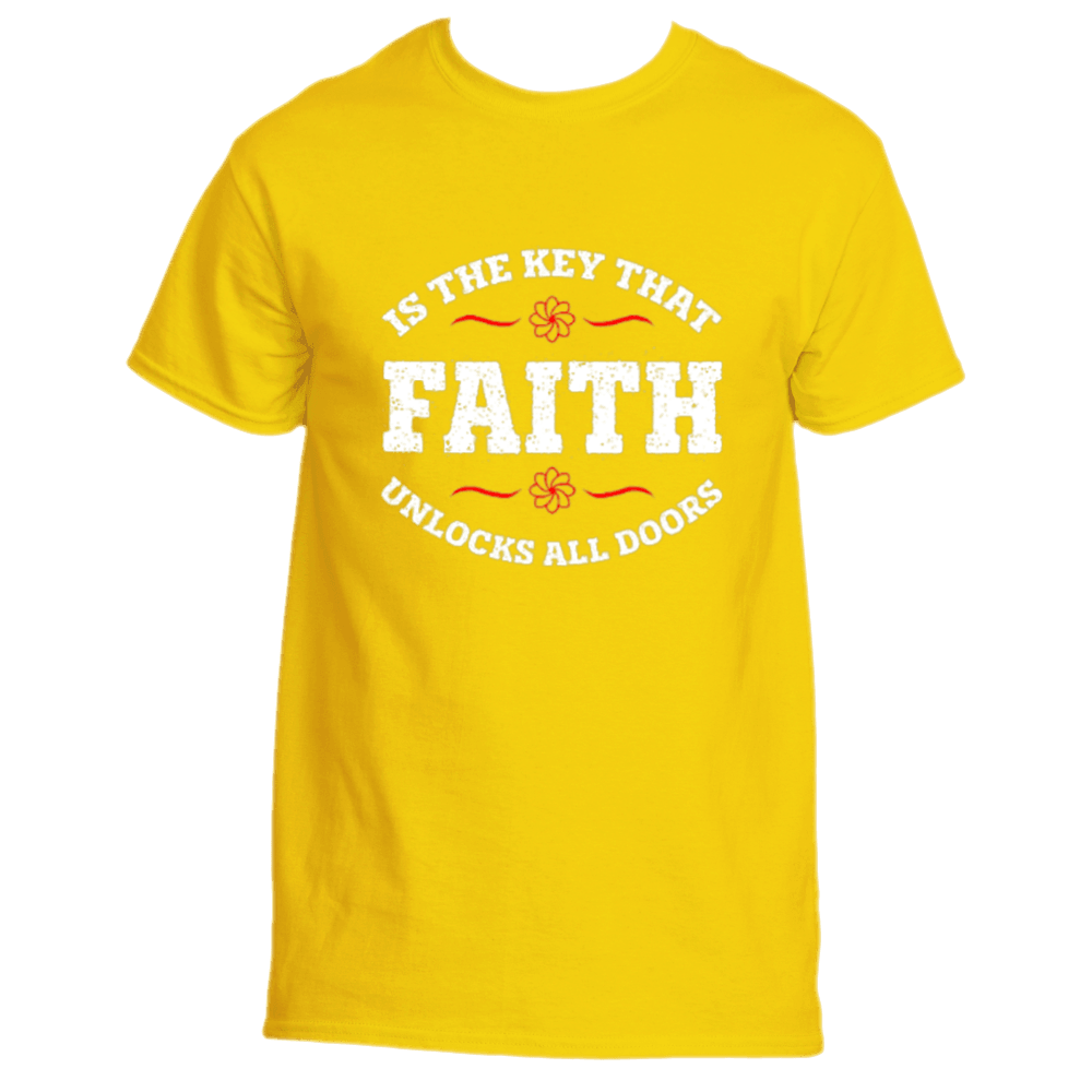 Product Description: The "Faith is the Key Tee" by Divine Dispatch features a daisy-colored design with a white text message stating, "Faith is the Key that unlocks all doors." Adorned with small floral designs and curved red lines around the word "Faith," this inspiring t-shirt embodies the transformative power of faith.