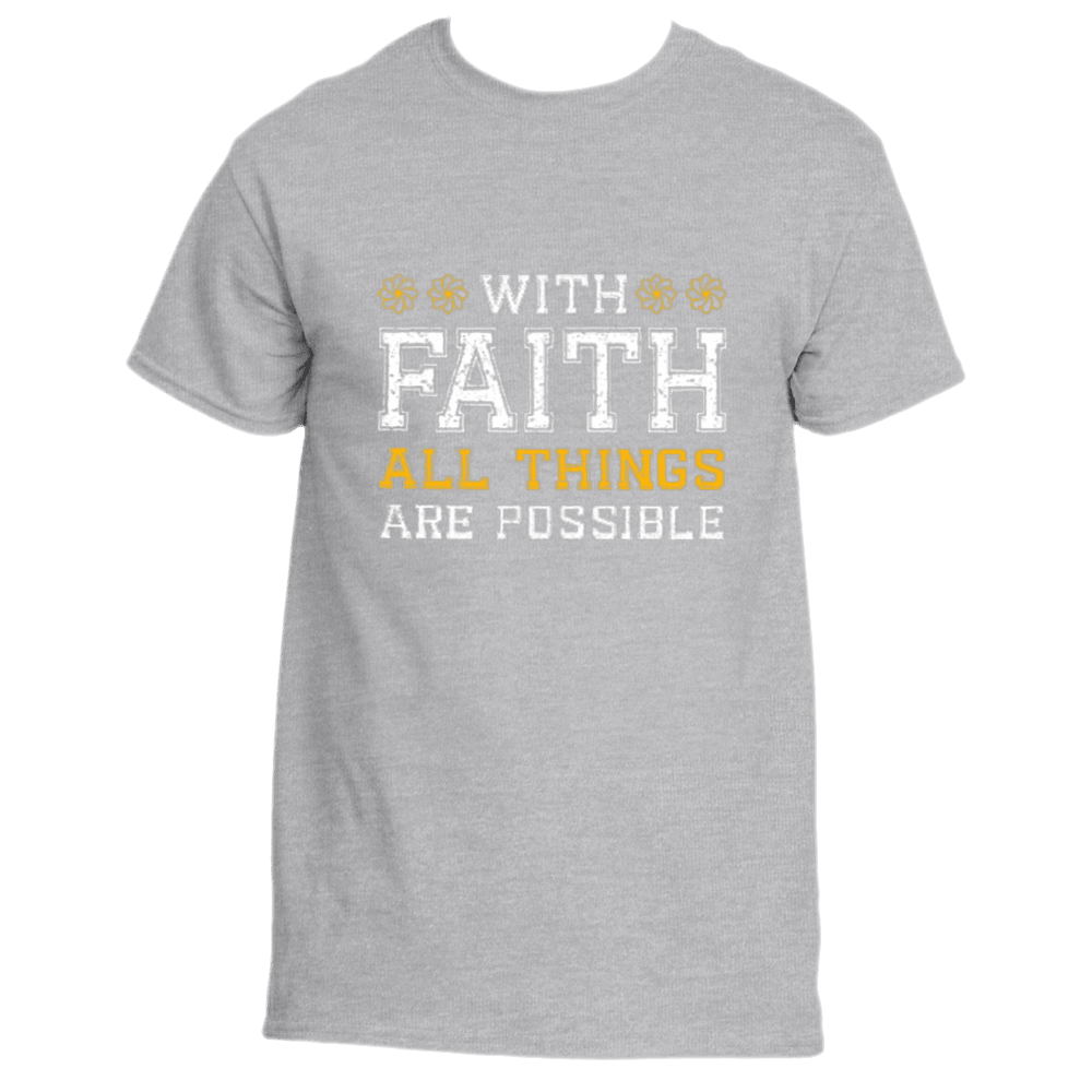With the With Faith T-Shirt by Divine Dispatch, this gray tee showcases an inspiring message "With Faith All Things Are Possible" in bold white and yellow lettering, making it perfect for supporting charitable initiatives.