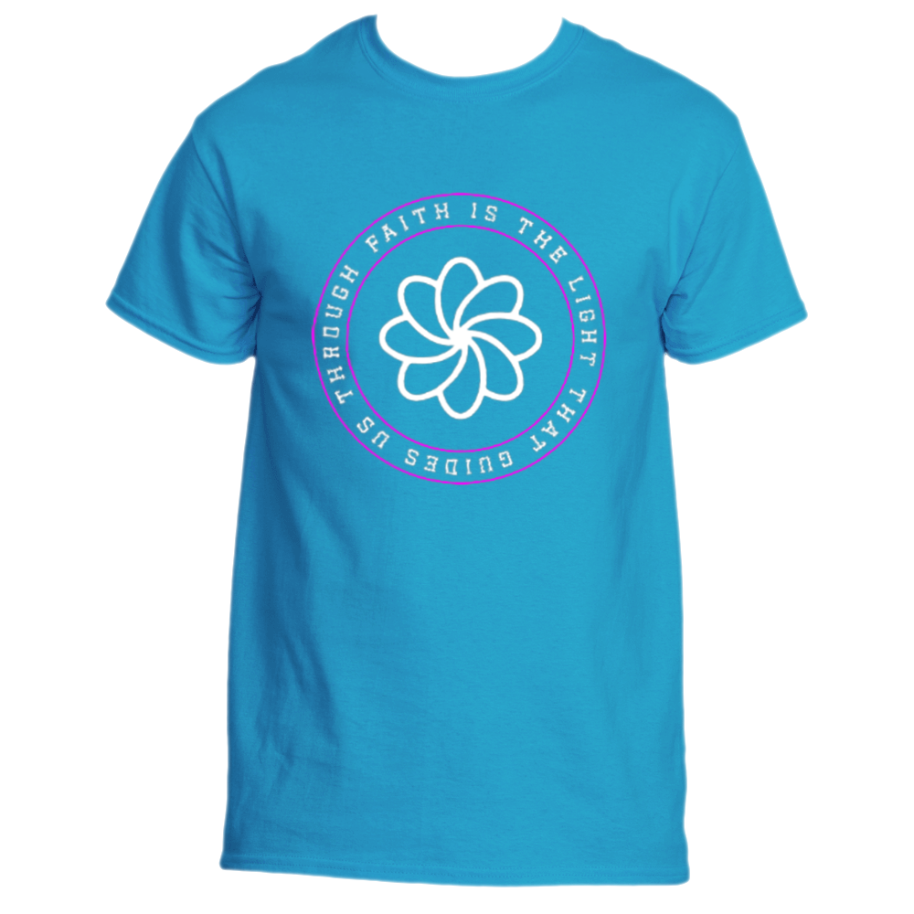 Introducing the Faith Is the Light T-Shirt by Divine Dispatch, featuring a circular floral design with the uplifting phrase "Faith is the light that guides us through" elegantly scripted in shades of blue and white. This Carolina Blue tee is ideal for those inspired by faith and charitable causes.
