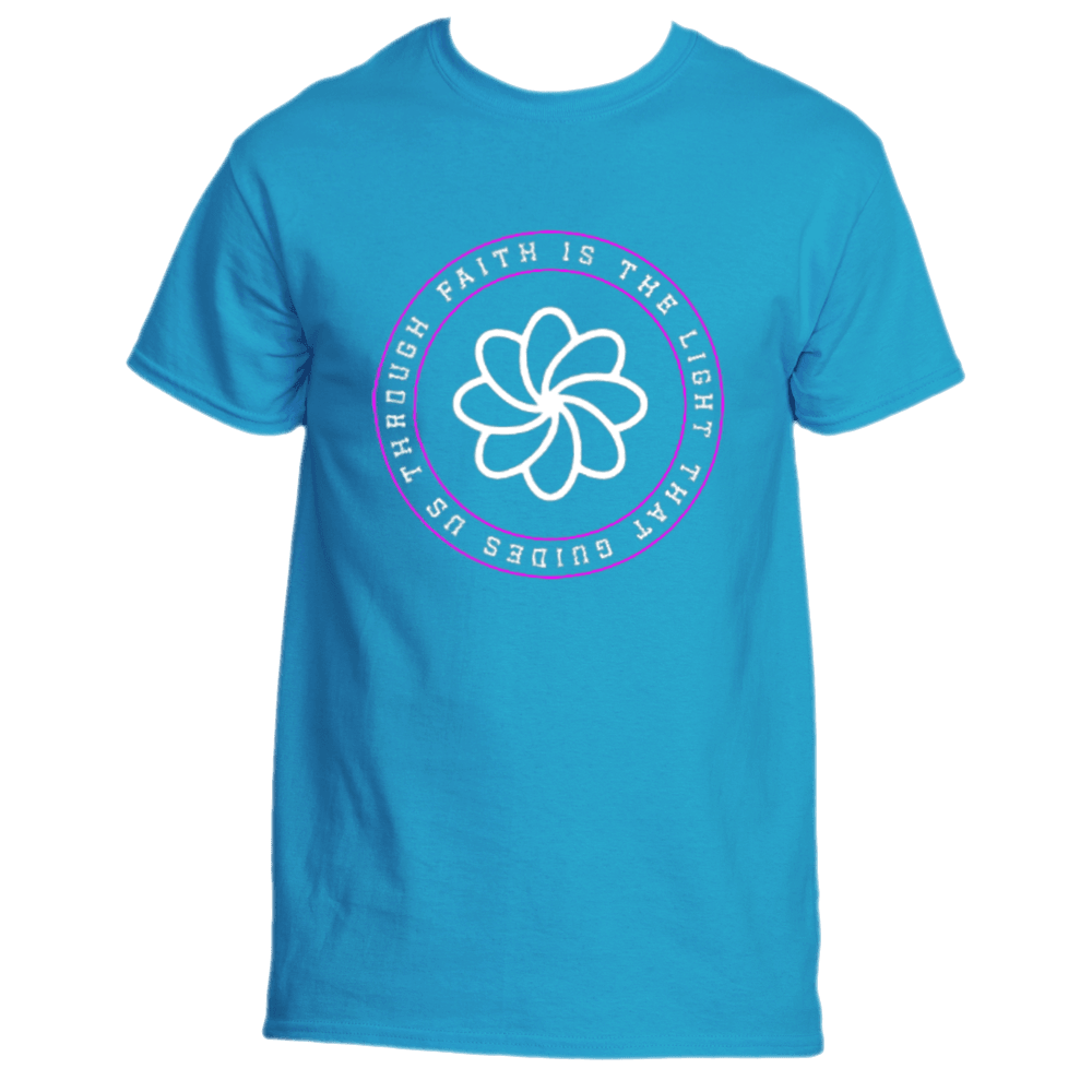 Introducing the Faith Is the Light T-Shirt by Divine Dispatch, available in a calming blue with a circular design featuring an abstract flower and the uplifting message, "Faith is the light that guides us through." Ideal for those who value style while supporting charitable causes.