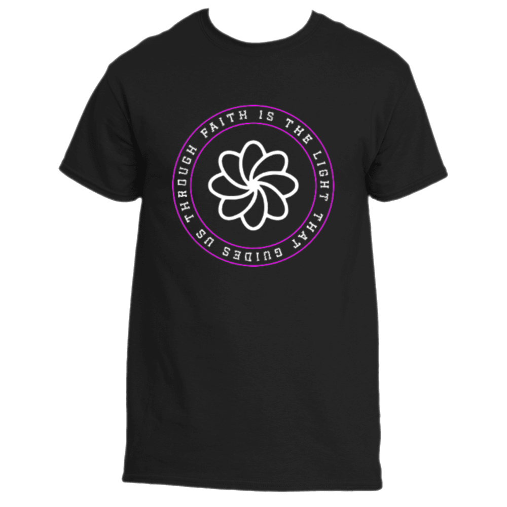 Introducing the Faith Is the Light T-Shirt by Divine Dispatch, a black tee adorned with a circular design showcasing an outline of a white flower. Encircling the motif is the inspiring text: "Faith is the light that guides us through." This shirt is ideal for those who support charitable causes and hold strong beliefs in the power of faith.
