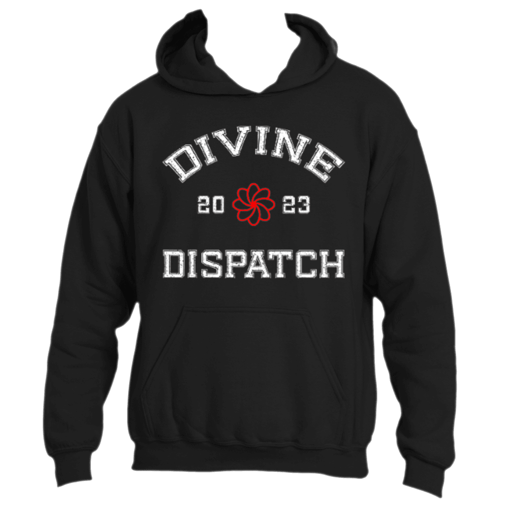 The Divine Dispatch Hoodie, by Divine Dispatch, is an essential fashion item adorned with "DIVINE DISPATCH" in striking collegiate-style white letters. A red floral design on the chest is elegantly framed by the numbers "20" and "23." This hoodie combines style and spirituality with its practical front pocket and drawstrings.