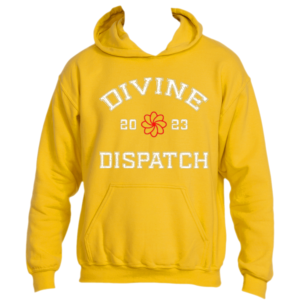 The Divine Dispatch Hoodie by Divine Dispatch comes in a vibrant yellow and includes a front pocket and hood. "DIVINE DISPATCH" is prominently printed in white above an eye-catching red flower graphic, with "2023" adding to its spiritual essence. This piece makes for a stylish statement against a minimalist background.