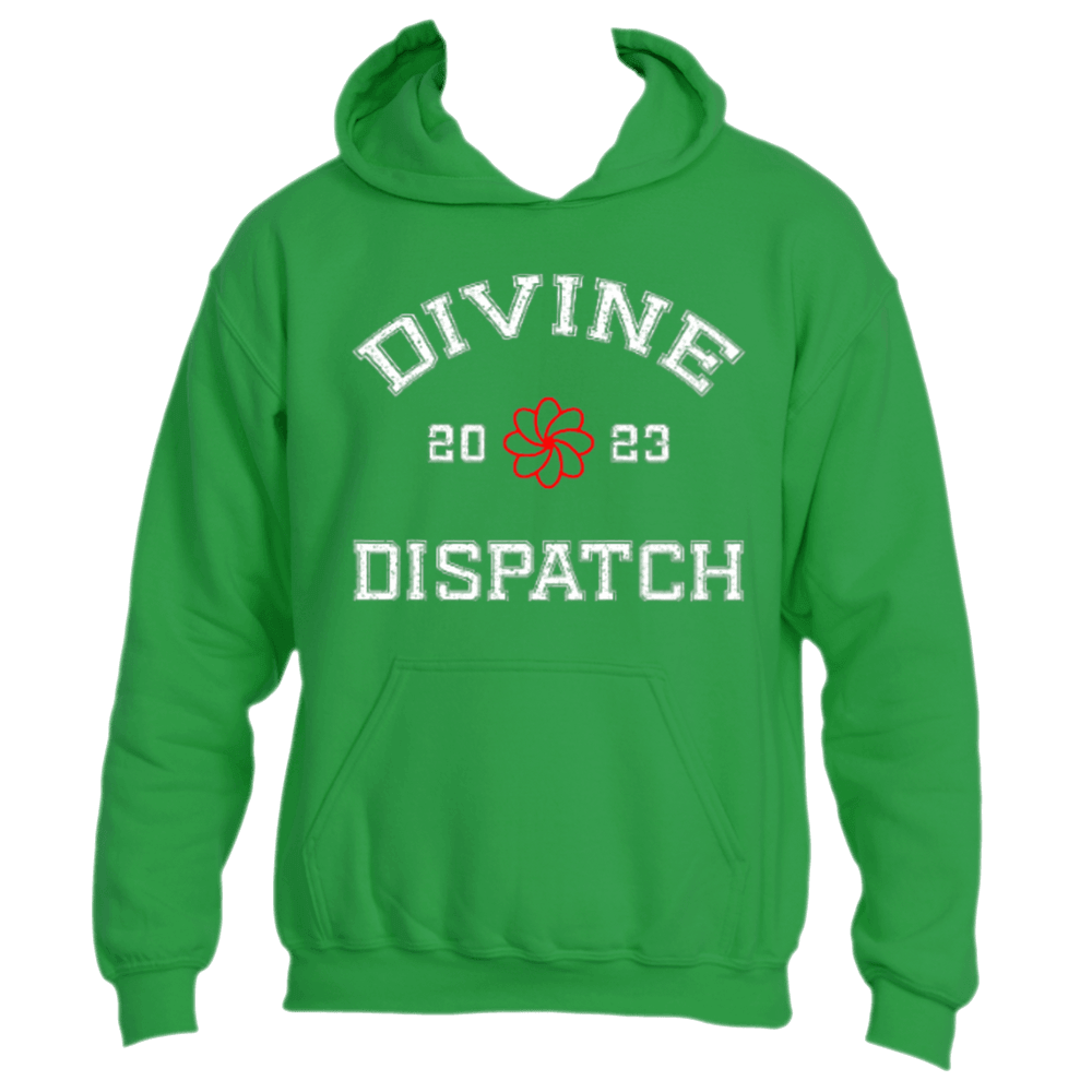 Exuding spiritual inspiration and trendy appeal, the Divine Dispatch Hoodie from Divine Dispatch showcases the "Divine Dispatch" logo in bold white letters. A vibrant red flower illustration with the number "2023" on either side enhances its visual charm. Available in an eye-catching Irish Green color, this hoodie features a convenient front pocket and adjustable drawstring hood, offering an ideal mix of comfort and fashion.