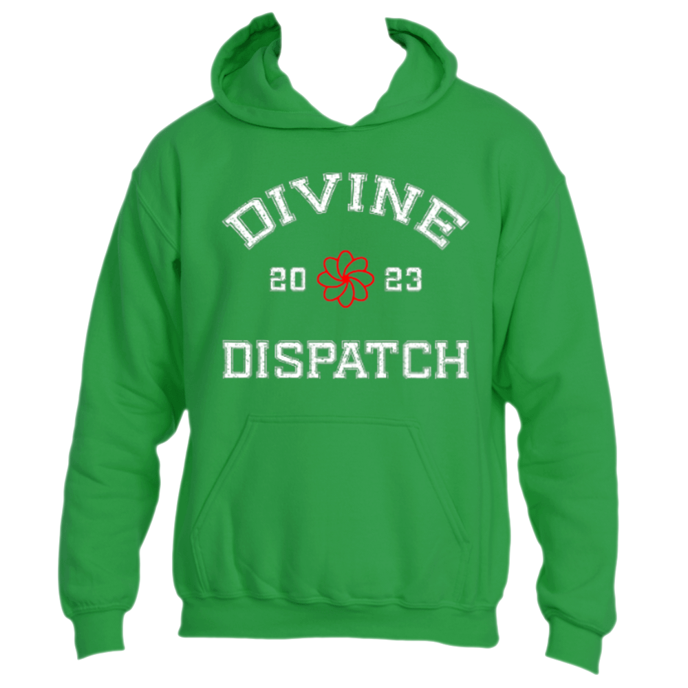 The Divine Dispatch Hoodie from Divine Dispatch is a must-have fashion piece, offering a spiritual flair with its green color and white "Divine Dispatch" text. It features the numbers "20" and "23" surrounding a red and white flower, combining style and comfort with its front pocket and hood.