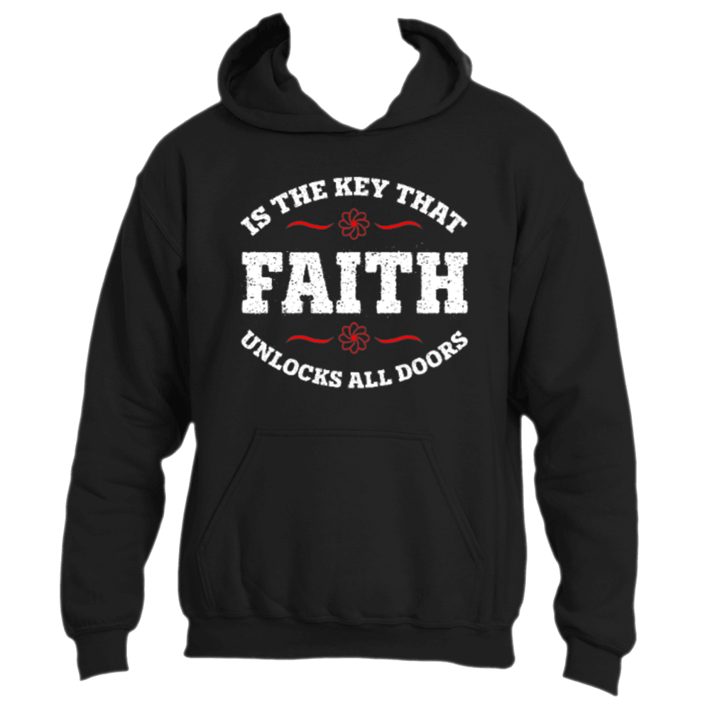 The Faith is the Key Hoodie from Divine Dispatch is a black hoodie adorned with the motivational phrase "Faith is the Key that unlocks all doors" in bold white and red letters. The word "Faith" is elegantly flanked by ornamental designs, adding a decorative flair to the message. This hoodie, perfect for those seeking inspiration, stands out against a plain background.