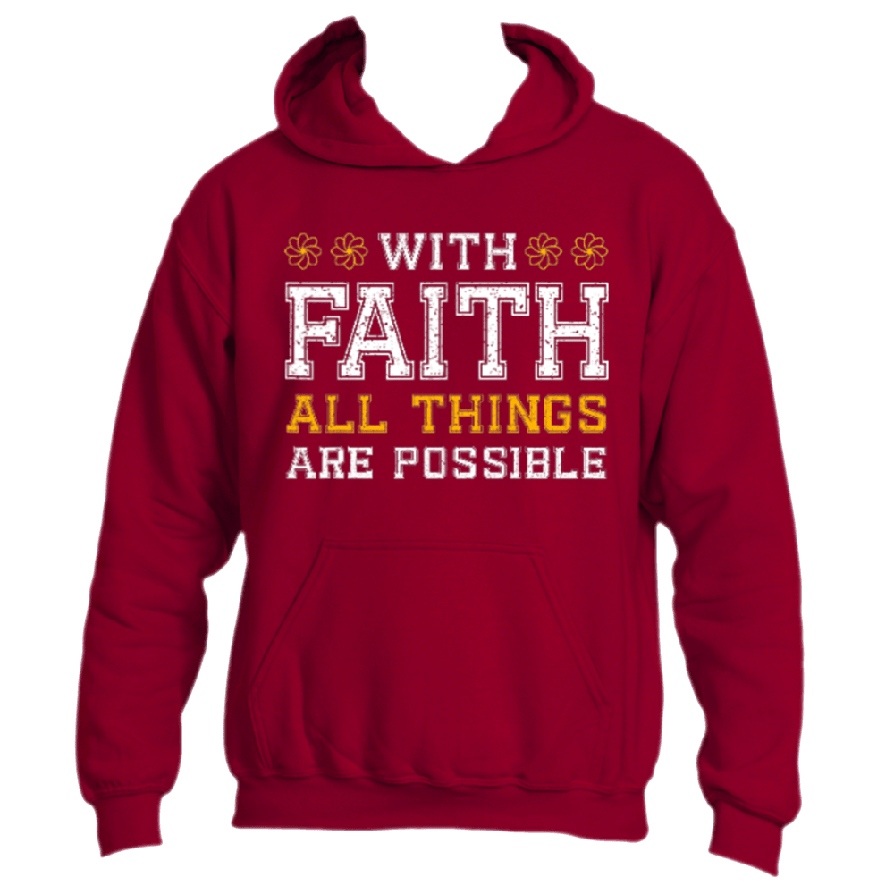 The With Faith Hoodie by Divine Dispatch, in a vibrant cardinal red, showcases the inspiring message "With Faith All Things Are Possible" elegantly scripted in white and yellow lettering, highlighting charitable initiatives and a heart full of hope.