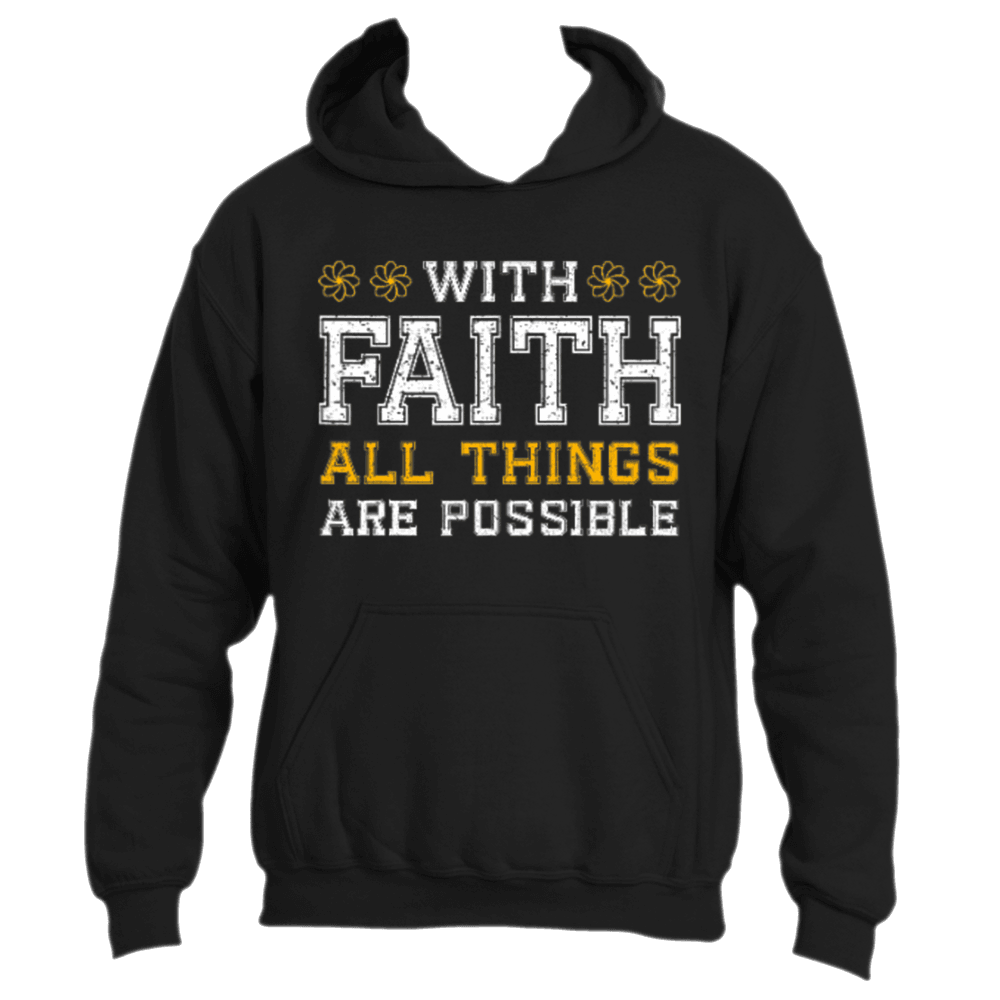 The "With Faith Hoodie" by Divine Dispatch is an inspiring black hoodie that showcases the text "With Faith All Things Are Possible" in eye-catching white and yellow letters, providing a beacon of hope and motivation for everyone.