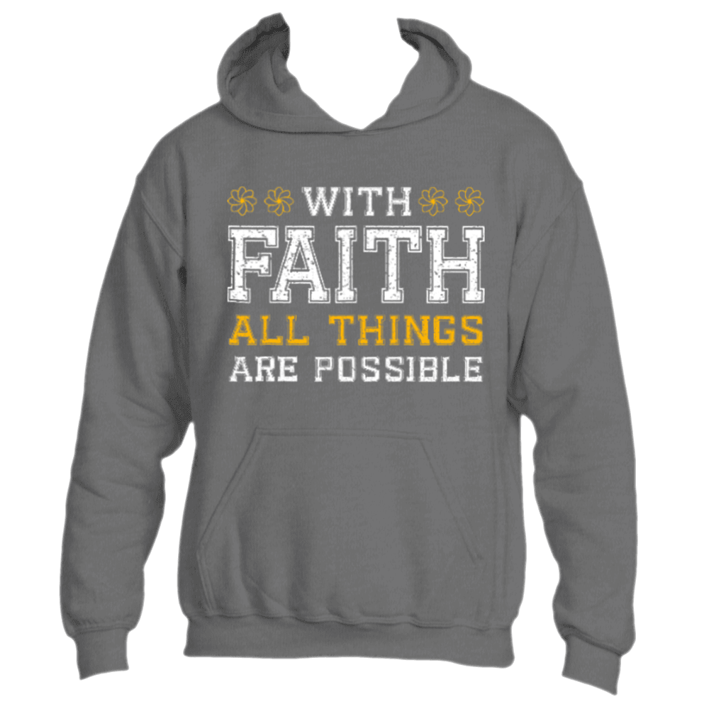 Elevate your spirit with the "With Faith Hoodie" from Divine Dispatch. This inspiring hoodie showcases the uplifting phrase "With Faith All Things Are Possible" in white and yellow lettering, complemented by three small decorative elements. Ideal for individuals who champion charitable causes and have unwavering faith.