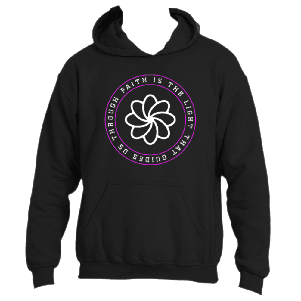 Introducing the "Faith Is the Light Hoodie" by Divine Dispatch, a black hoodie adorned with a captivating circular design featuring a stylized flower at its center. Surrounding the flower, the text says "Faith is the Light that guides us through," in alternating pink and white hues. This hoodie also boasts a front pocket and hood for maximum comfort.