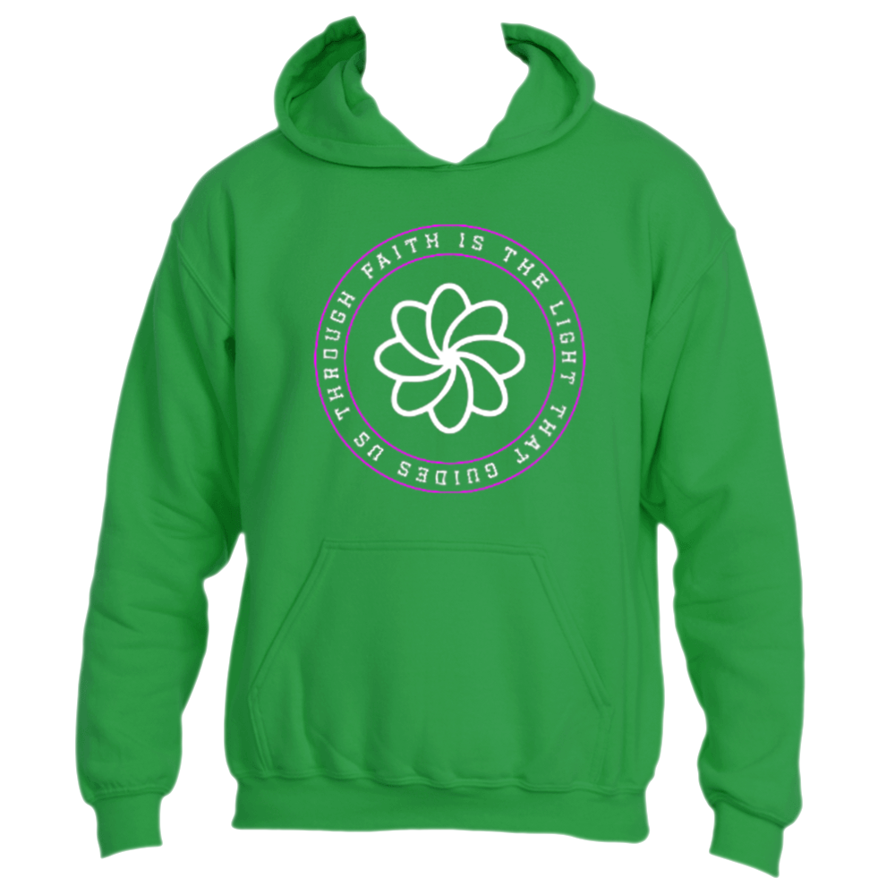 Introducing the Faith Is the Light Hoodie by Divine Dispatch—a vibrant Irish Green hoodie showcasing a circular emblem with the inspiring phrase "Faith is the Light that guides us through" encircling a stylized white flower. With its front pocket and drawstring hood, this hoodie seamlessly blends comfort and motivation.