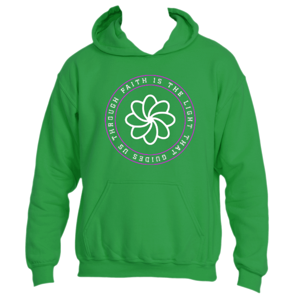 Introducing the **Faith Is the Light Hoodie** by Divine Dispatch: This green hoodie features an inspiring circular design with a white stylized flower emblem at its center. Surrounding this motif, it reads, "Faith is the Light that guides us." Complete with a front pocket and a hood for extra comfort.