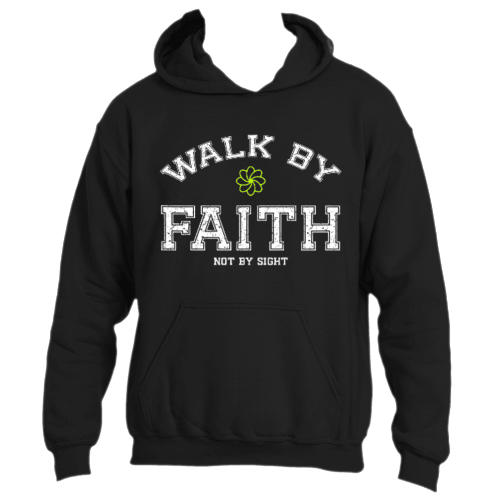 Introducing the Divine Dispatch Walk by Faith Hoodie, a black essential featuring the slogan "WALK BY FAITH NOT BY SIGHT" and accented with a green four-leaf clover above "FAITH" to embody spirituality. Ideal for individuals who value faith-driven journeys or wish to support charitable causes in style.