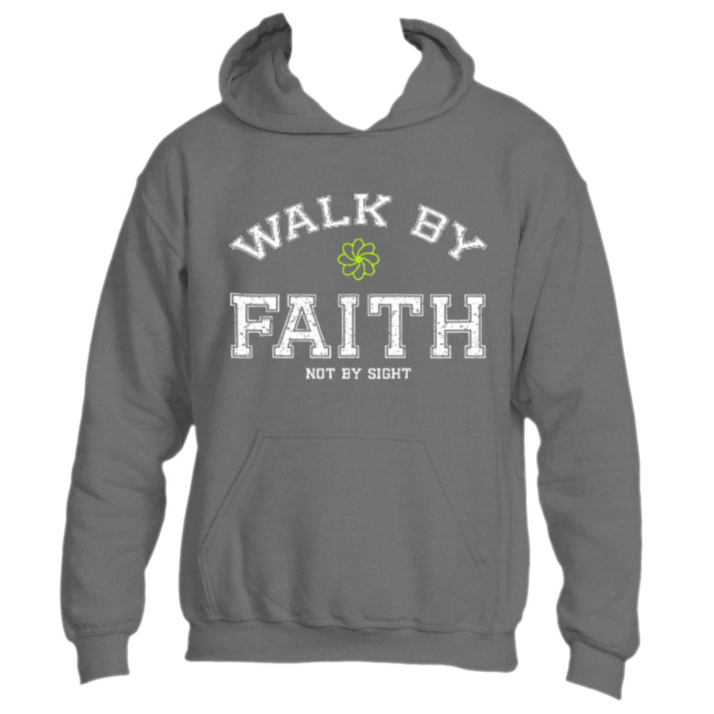 Divine Dispatch presents the Walk by Faith Hoodie: This dark heather grey hoodie showcases the uplifting message "Walk by Faith Not by Sight" on the front, accompanied by a small green clover design that symbolizes spirituality. Ideal for individuals who value faith-inspired fashion and back charitable causes.