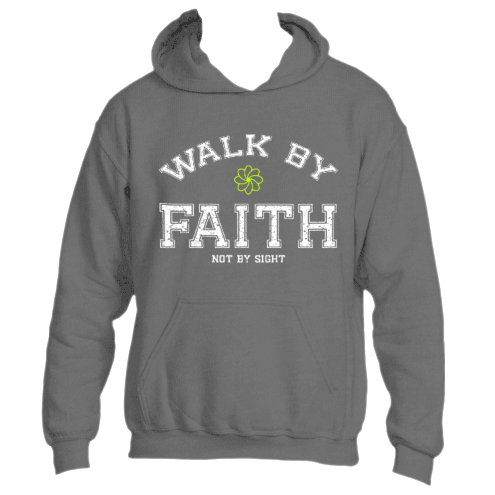 The Divine Dispatch "Walk by Faith Hoodie" in gray showcases the uplifting message "Walk by Faith, Not by Sight" paired with a vibrant green four-leaf clover design, symbolizing spirituality and hope.