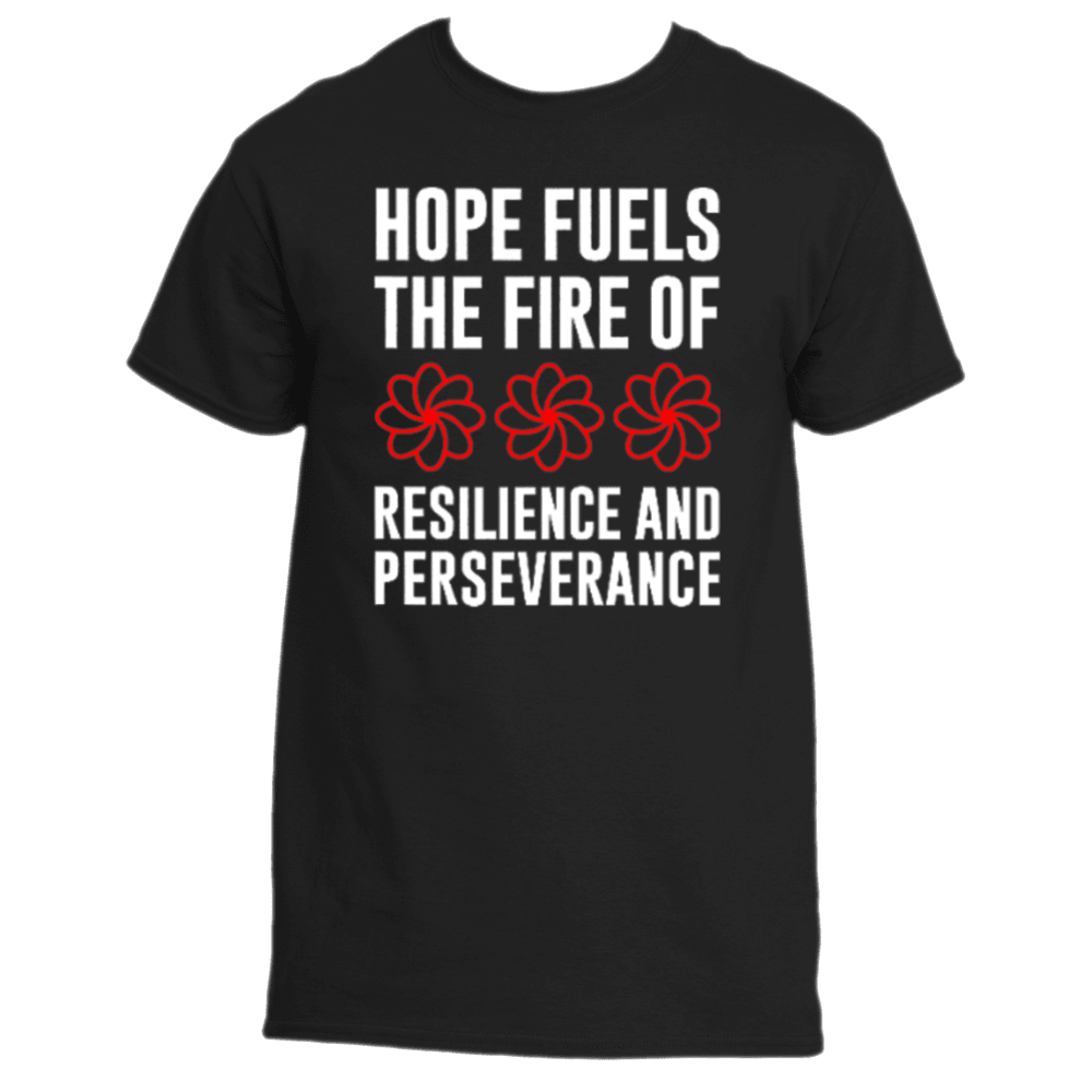 Introducing the Divine Dispatch Hope Fuels T-Shirt: a black T-shirt featuring the empowering message "Hope fuels the fire of resilience and perseverance" accompanied by three red flower-like symbols. This inspiring tee not only uplifts your spirit but also reflects our dedication to charitable initiatives.