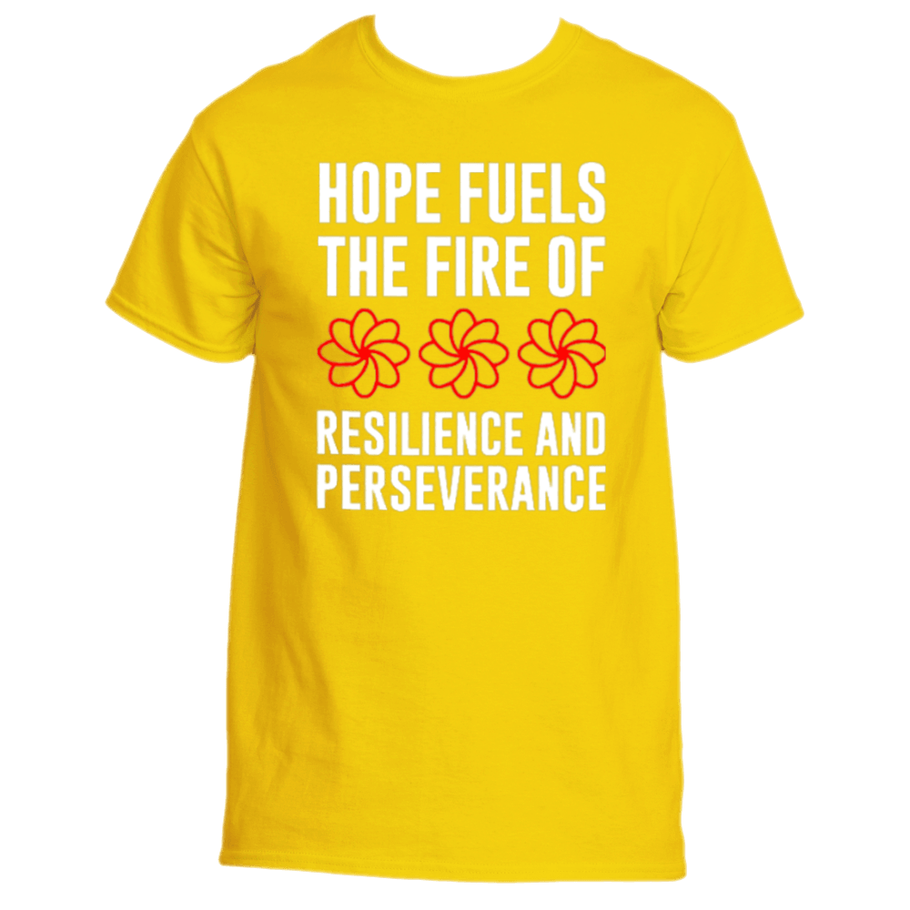The Hope Fuels T-Shirt by Divine Dispatch is a daisy-colored shirt featuring the uplifting phrase, "Hope fuels the fire of resilience and perseverance," along with three stylized red flowers. This tee is not only inspiring but also supports charitable initiatives that drive change.