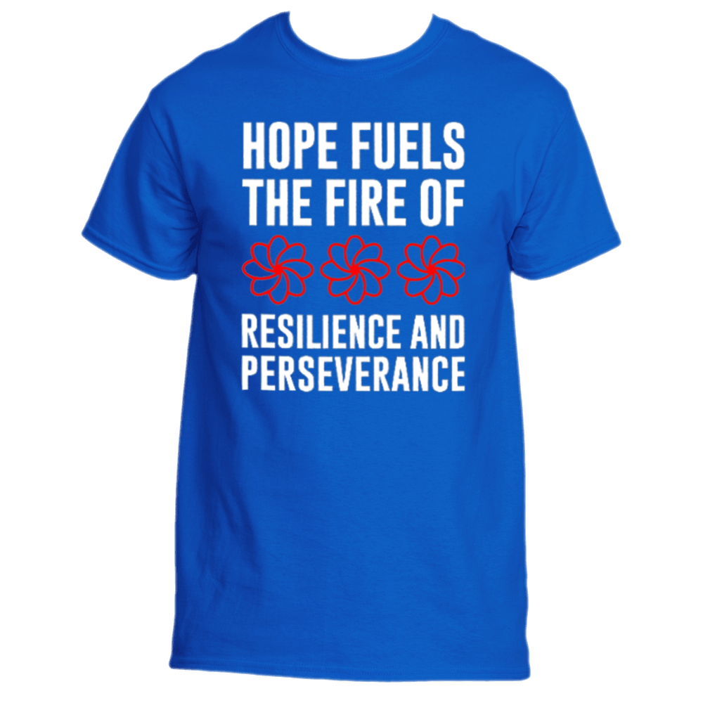 The Hope Fuels T-Shirt by Divine Dispatch is a royal blue tee featuring the motivational message "Hope fuels the fire of resilience and perseverance" in white and red text, accompanied by three striking red floral designs that symbolize strength and optimism.