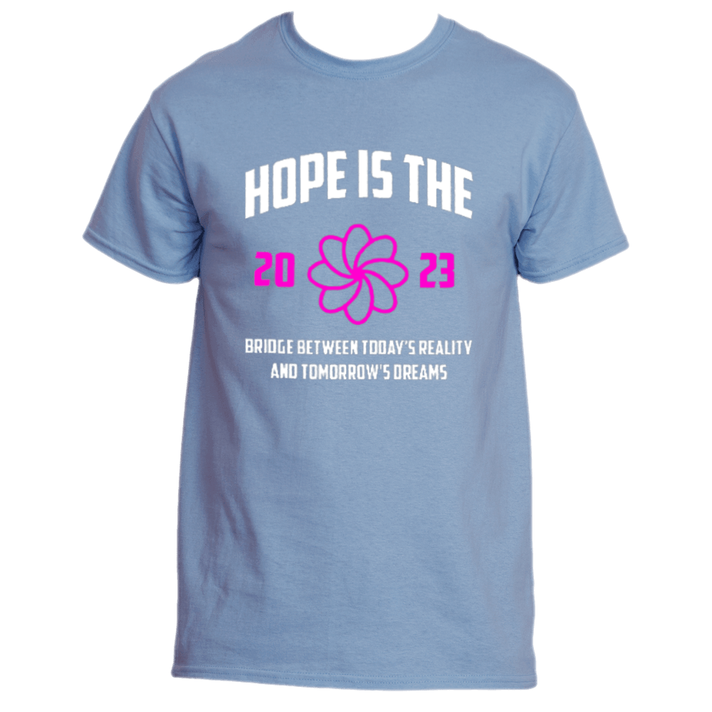 Inspiring tee: The "Hope is the Bridge T-Shirt" by Divine Dispatch features a blue color with white and pink text saying, "Hope is the Bridge between today&