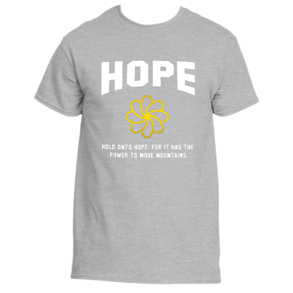 Introducing the Hold on to Hope T-Shirt: An inspiring piece from Divine Dispatch, this ice grey tee features the word "HOPE" in white above a vibrant yellow flower, along with the phrase "Hold onto hope. For it has the power to move mountains." It&