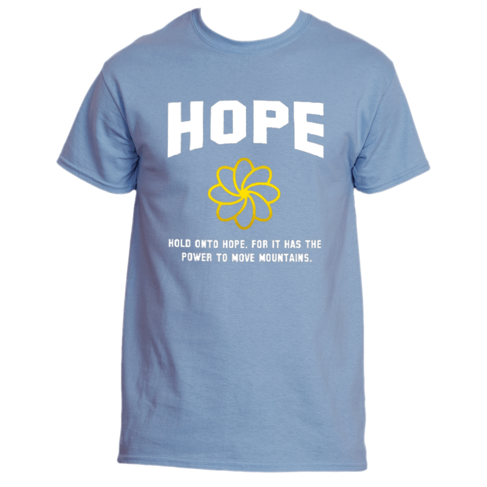 This uplifting tee, from Divine Dispatch, showcases a Carolina Blue color and is emblazoned with the word "HOPE" along with a bright yellow flower. Beneath, it bears the phrase: "Hold onto hope, for it has the power to move mountains." Wear it proudly and contribute to charitable causes with every purchase of the Hold on to Hope T-Shirt.