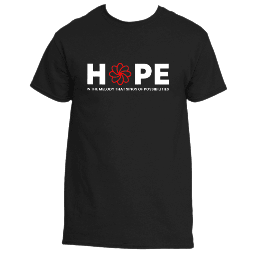 This uplifting tee from Divine Dispatch is the Melody T-Shirt, featuring "HOPE" in bold with a red flower as the "O." Below it reads softly, "is the melody that sings of possibilities," creating an inspiring message.