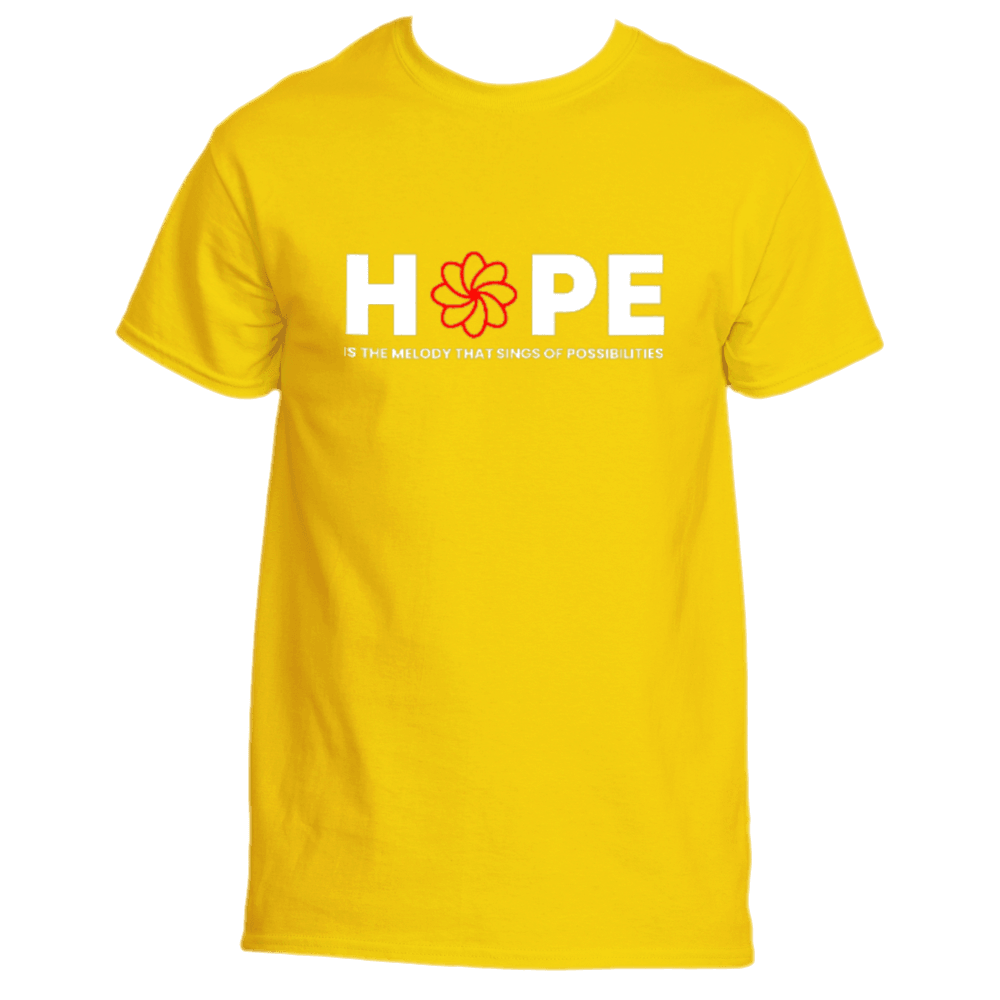 The Melody T-Shirt by Divine Dispatch showcases an uplifting yellow design with the word "HOPE," featuring a red flower in place of the "O." Below, it beautifully proclaims, "is the melody that sings of possibilities," making it perfect for anyone who wears their optimism with style.