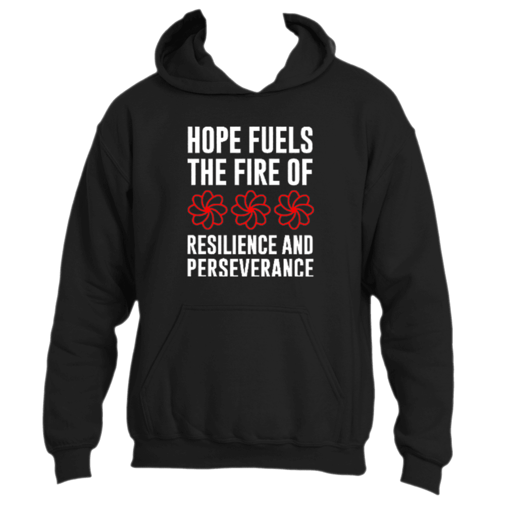 The Hope Fuels Hoodie by Divine Dispatch is adorned with the phrase "Hope fuels the fire of resilience and perseverance" and three red floral symbols, serving as a powerful reminder to remain strong while contributing to charitable causes.
