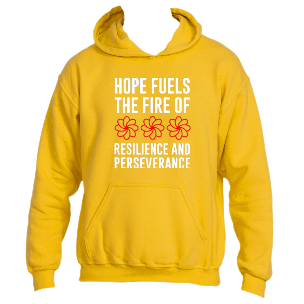 Introducing the Hope Fuels Hoodie by Divine Dispatch: a gold hoodie featuring the message "Hope fuels the fire of resilience and perseverance" alongside three vibrant red flower designs. This inspiring piece not only keeps you cozy but also contributes to meaningful charitable initiatives.