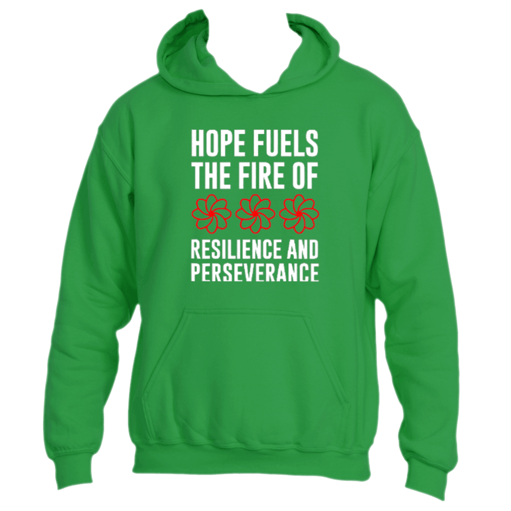 Introducing the Divine Dispatch Hope Fuels Hoodie: a green hoodie beautifully featuring "Hope fuels the fire of resilience and perseverance" above striking red flower illustrations. Ideal for those dedicated to charitable causes, this motivational hoodie provides both warmth and inspiration.