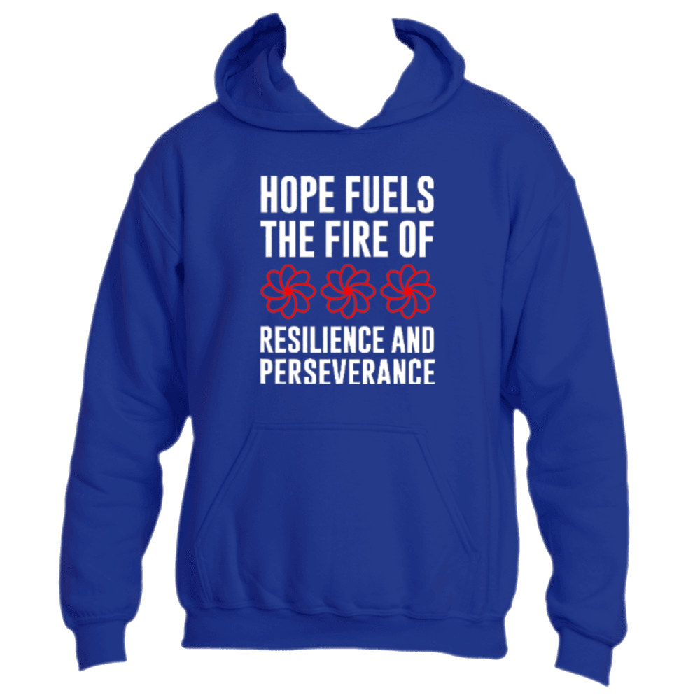 The motivating Hope Fuels Hoodie from Divine Dispatch, available in a radiant royal blue, showcases the empowering message "Hope fuels the fire of resilience and perseverance" accented with three bold red flowers. Ideal for individuals backing charitable causes, it serves as a symbol of fortitude and unity.