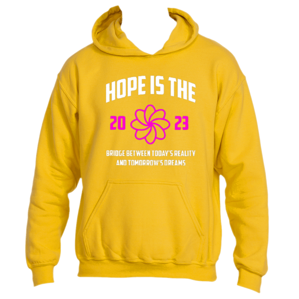 The Hope is the Bridge Hoodie by Divine Dispatch is a yellow hoodie featuring the inspiring text "Hope is the Bridge between today&