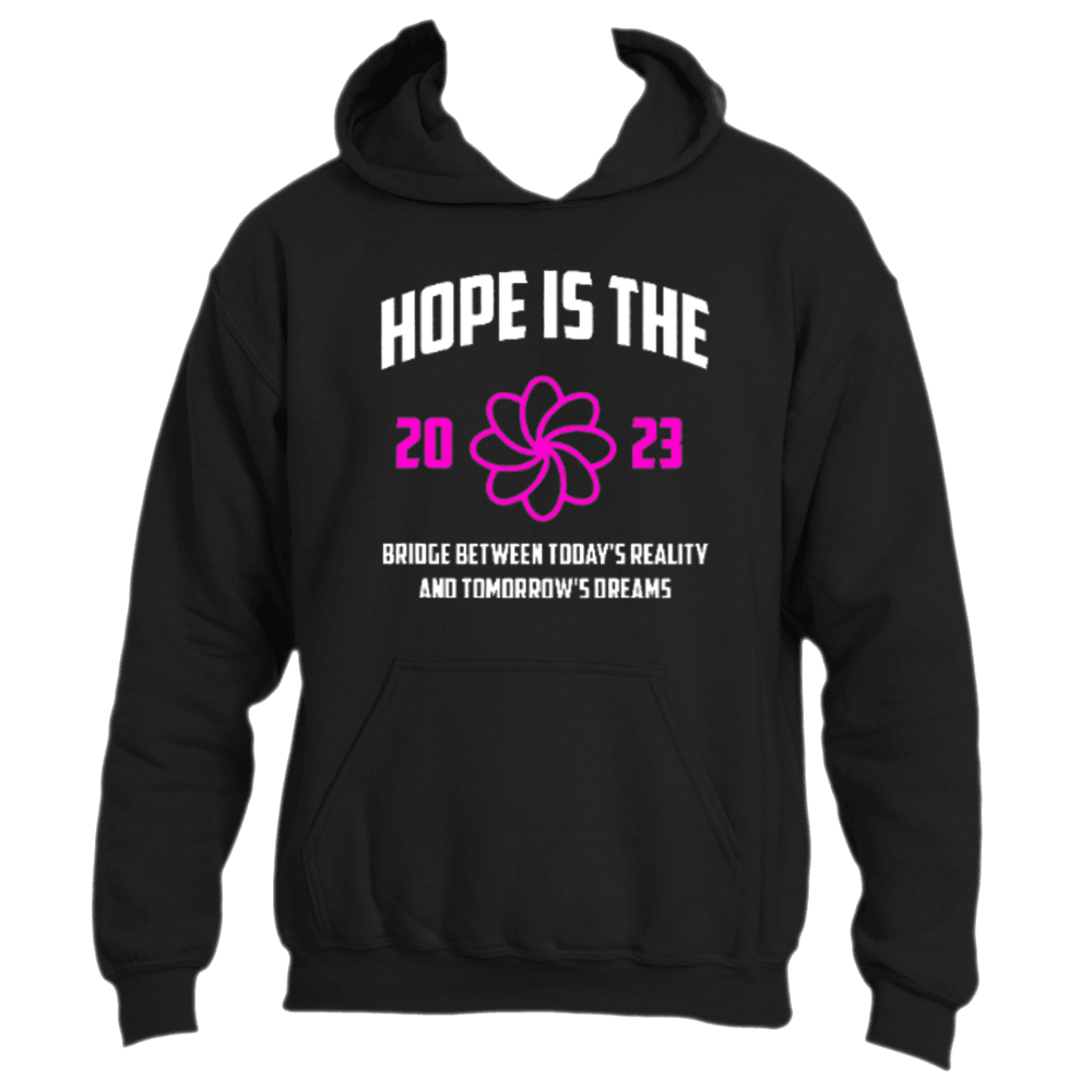 The "Hope is the Bridge Hoodie" by Divine Dispatch is a motivational garment with a black background that displays the phrase "Hope is the Bridge between today&