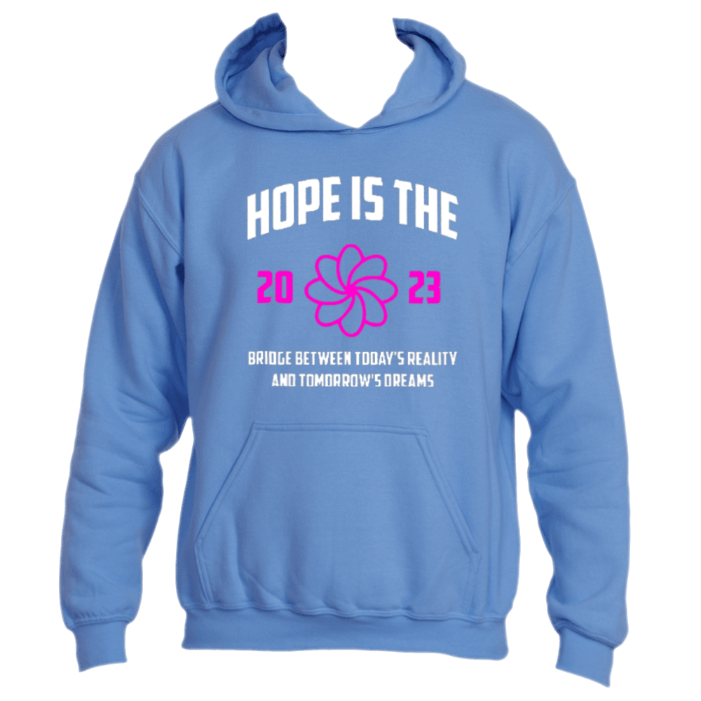 The "Hope is the Bridge Hoodie" by Divine Dispatch is an inspiring piece featuring a blue design with "HOPE IS THE 2023," a pink flower, and the uplifting phrase, "HOPE IS THE BRIDGE BETWEEN TODAY&